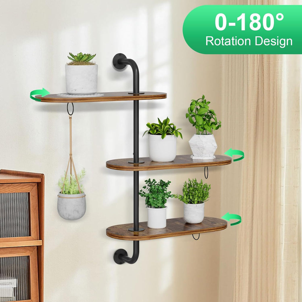 Rotating Window Plant Shelves with 3 Anti-slip Mats, 3 Tier Plant Stand Indoor Outdoor, Wooden Window Plant Shelf with