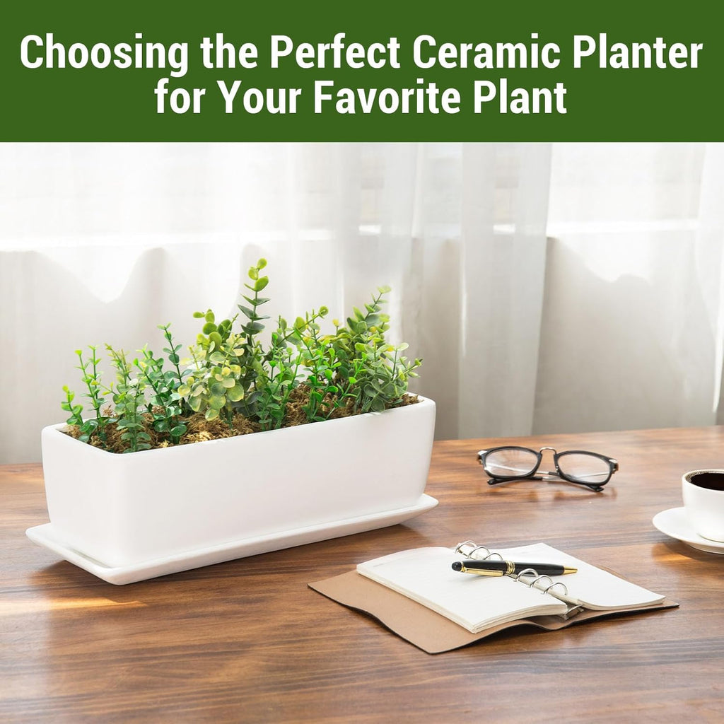 MyGift 14 Inch Unglazed White Ceramic Indoor Plant Pot with Drainage Hole | Rectangular Succulent Planter Window Box