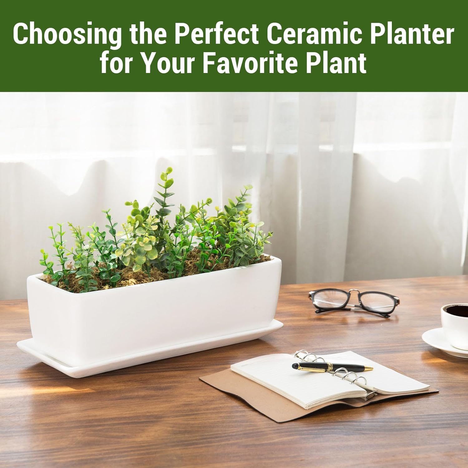 MyGift 14 Inch Unglazed White Ceramic Indoor Plant Pot with Drainage Hole | Rectangular Succulent Planter Window Box