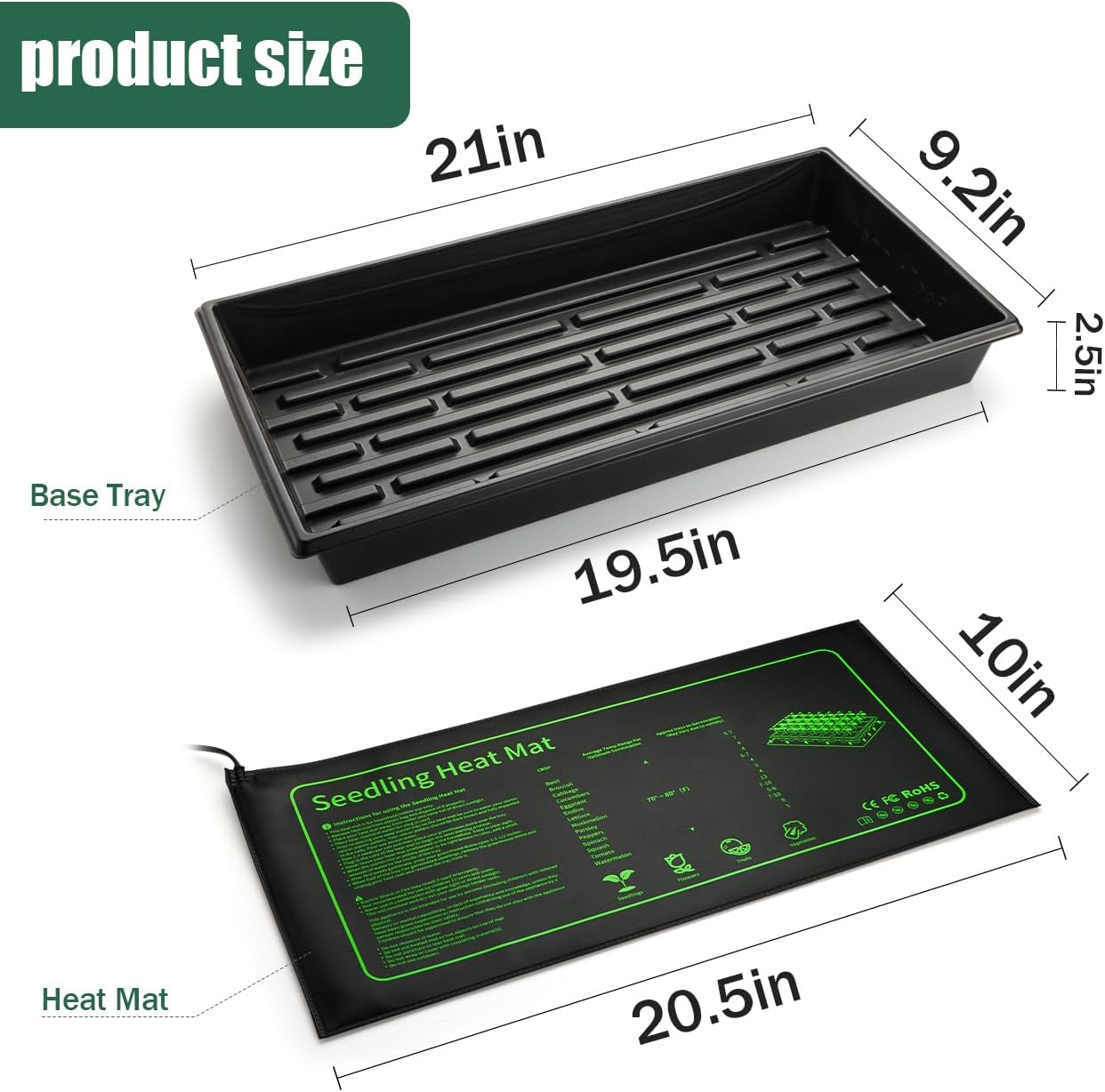 RooTrimmer Seed Starter Kit - 10 Pack 1020 Seed Trays with 2 Seedling Heat Mats for Plants (10"x20.5"), Complete Seed