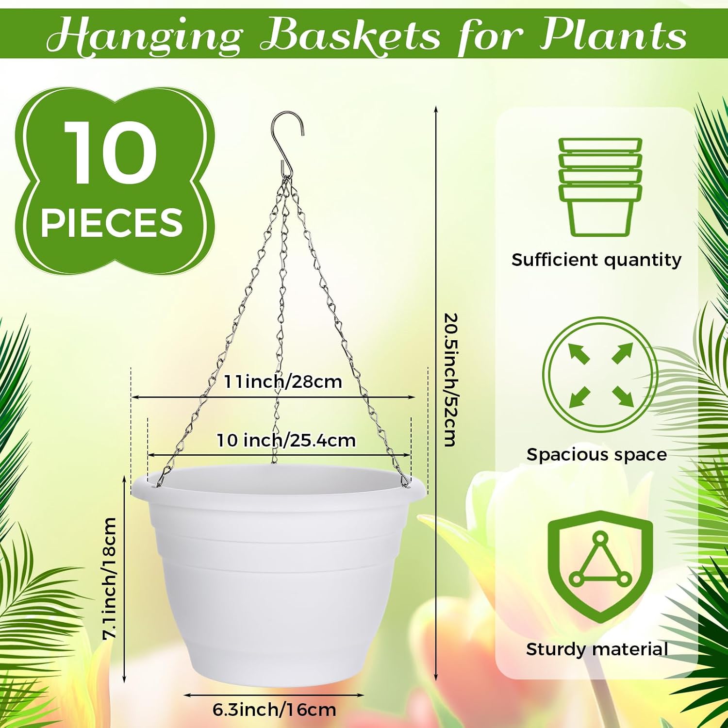 10 Pack 11 Inch Plastic Hanging Planter Bulk White Hanging Baskets for Plants with Drainage Trays Self Watering Plant