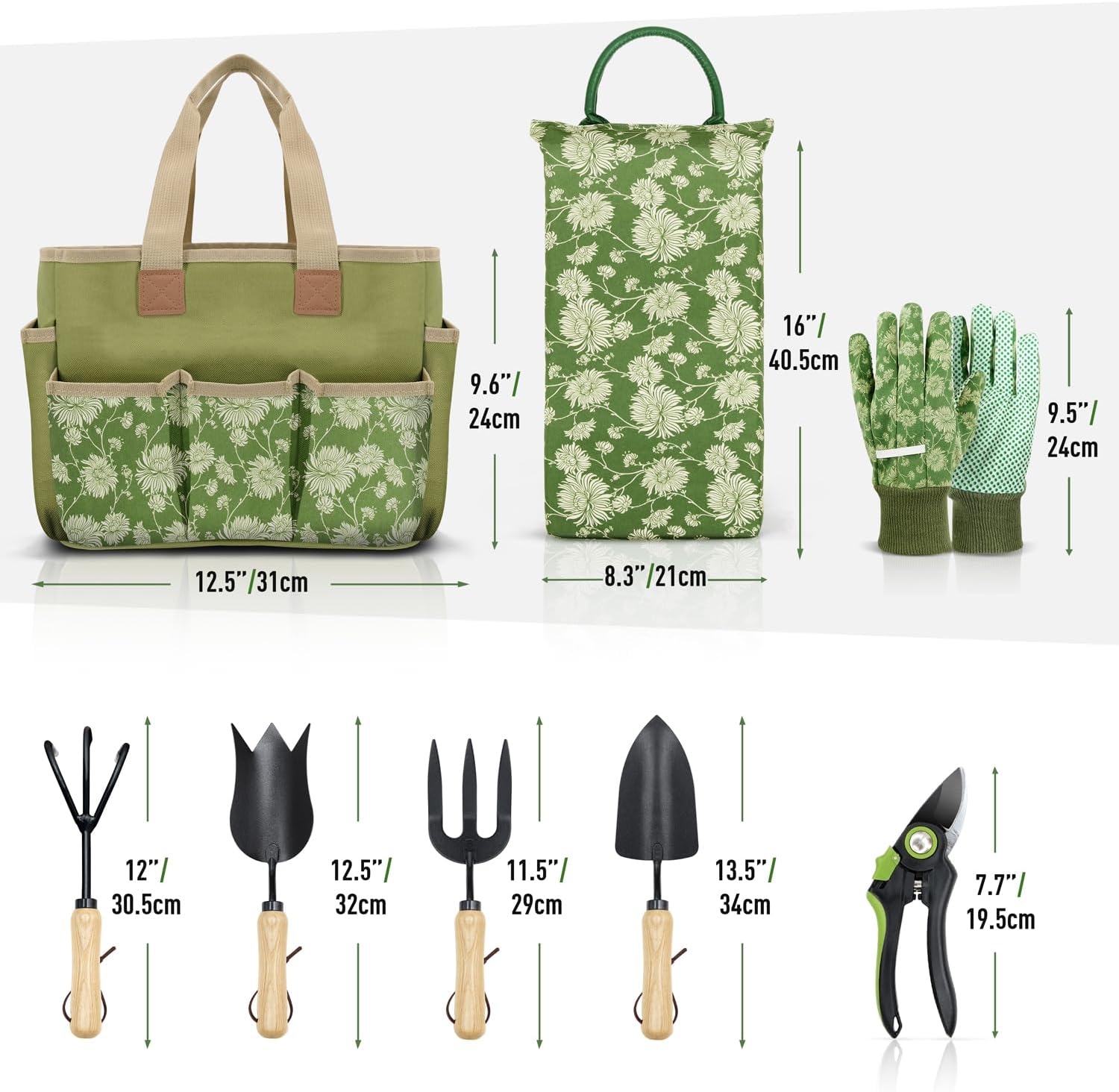 Garden Tools Set, 8 Piece, Heavy Duty Gardening Tools with Wooden Handle, Including Garden Tote, Kneeling Pad, Gloves