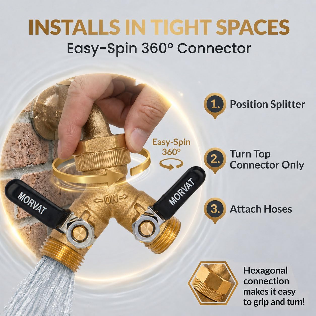 Brass 2-Way Y Splitter LEAD-FREE, Heavy-Duty Garden Hose Connector with Extra Long Butterfly Comfort Grip ON/OFF