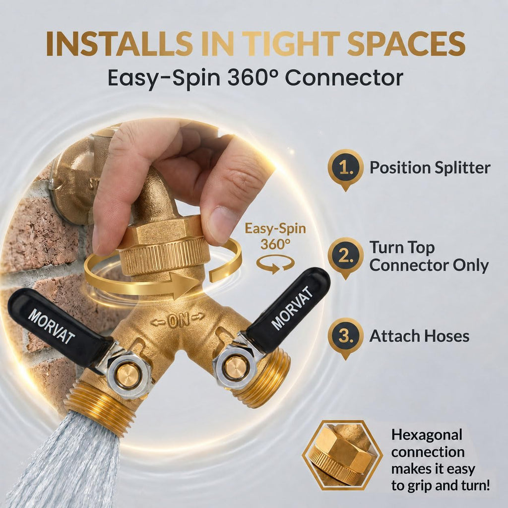 Brass 2-Way Y Splitter LEAD-FREE, Heavy-Duty Garden Hose Connector with Extra Long Butterfly Comfort Grip ON/OFF