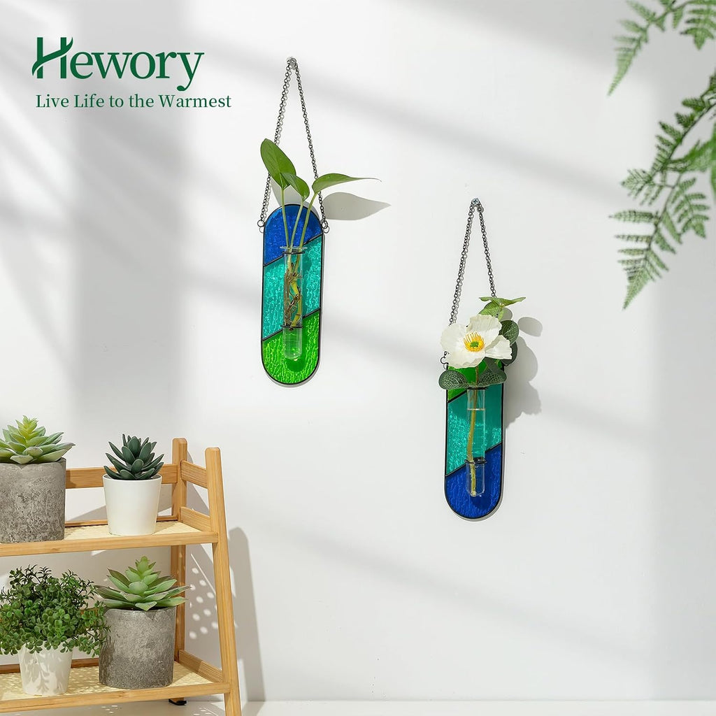 Hewory Stained Glass Window Hanging: 2PCS Propagation Stations Blue & Green | Vibrant Stained glass Plant Propagation