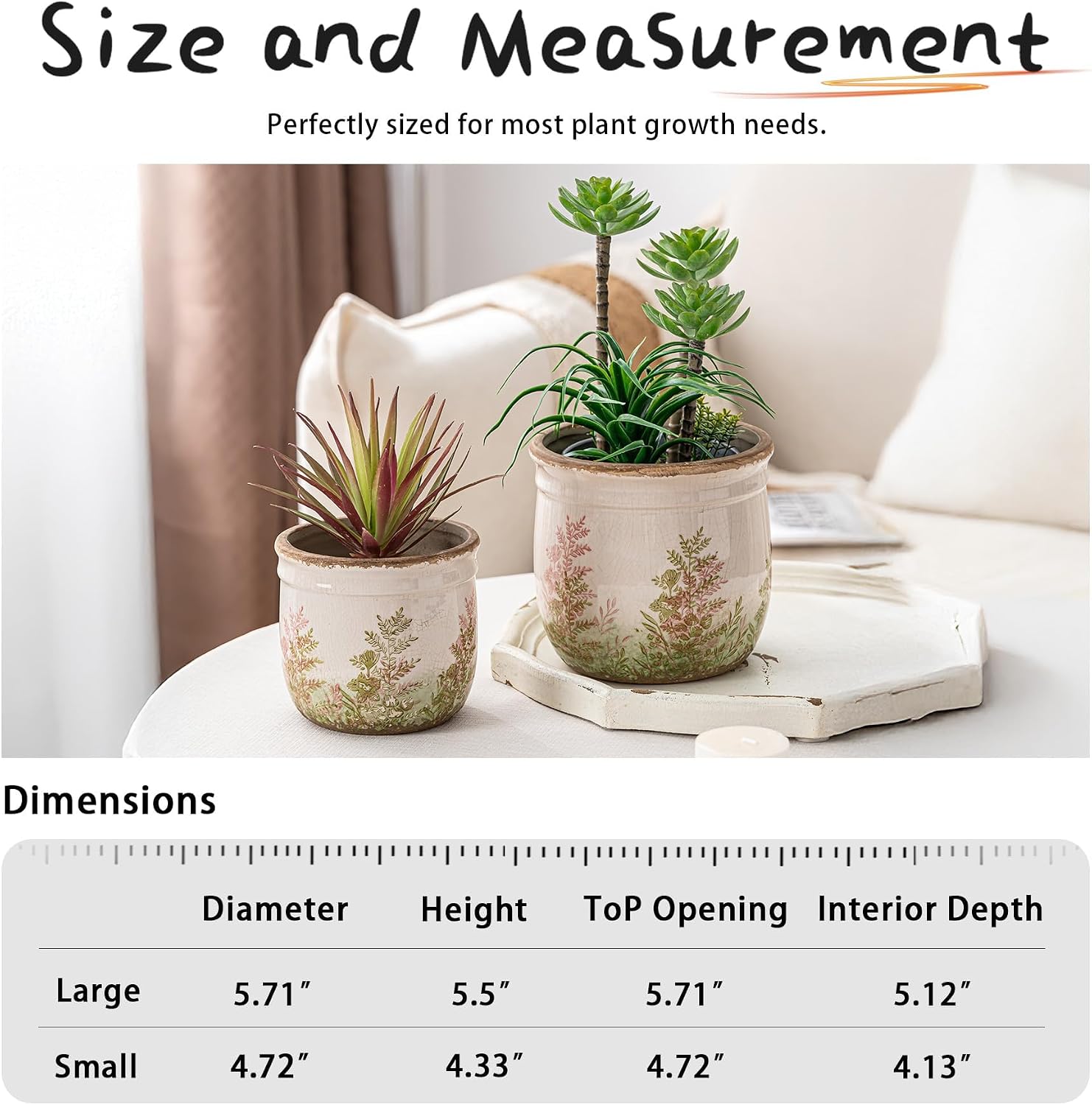 SURE YUESI Ceramic Plant Pots Set of 2, 4.7+5.7 Inch Vintage Indoor Planters with Drainage Hole, Farmhouse Ceramic