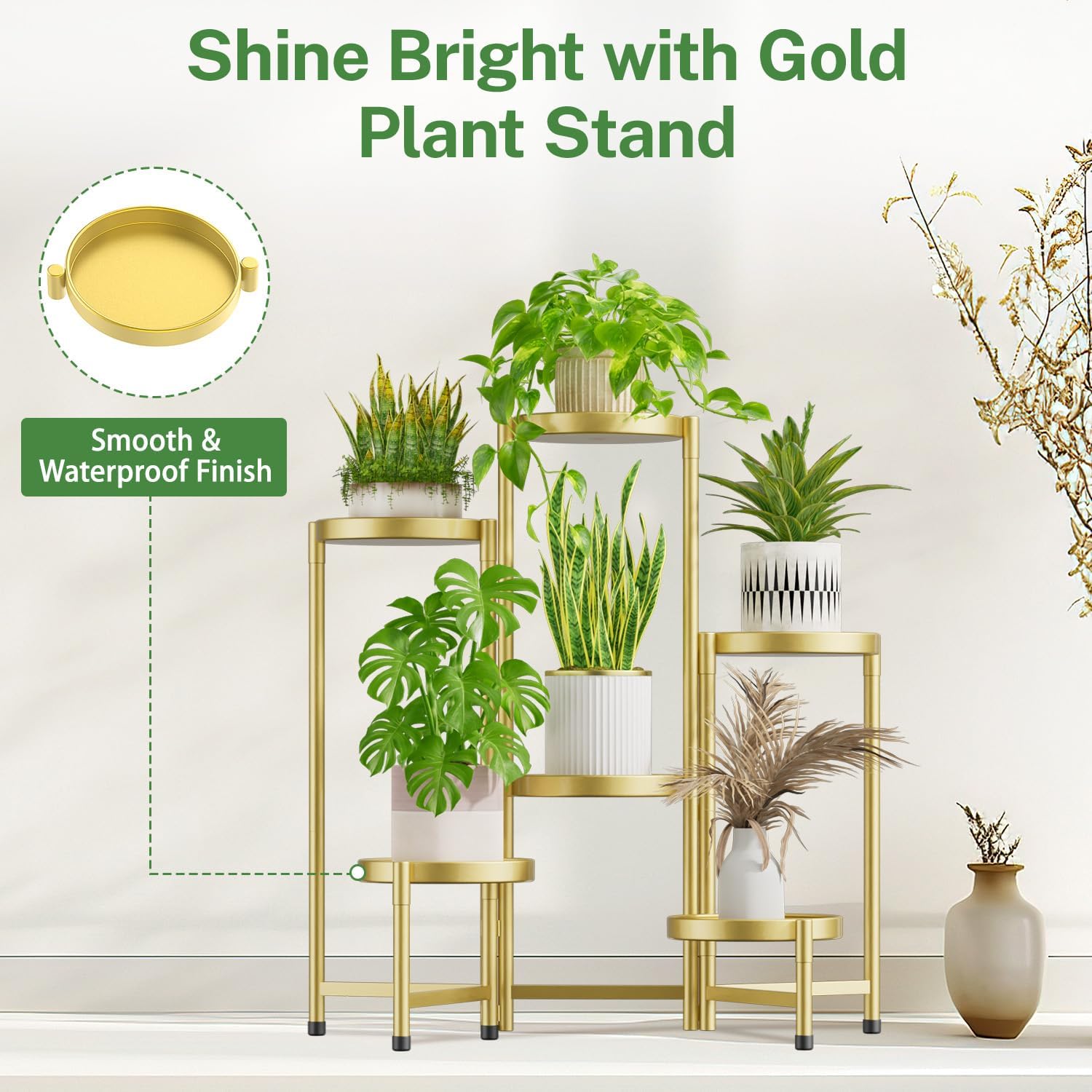 iDavosic.ly Plant Stand Indoor Outdoor, 6 Tier Metal Corner Shelf, Gold | Tiered Flower Display Holder, Folding Multi