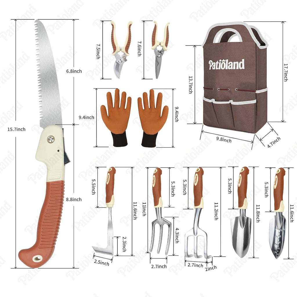 Brown Garden Tools Set 10-Piece, Gardening Gifts for Women Men | Aluminum, Heavy Duty Gardening Hand Tools With