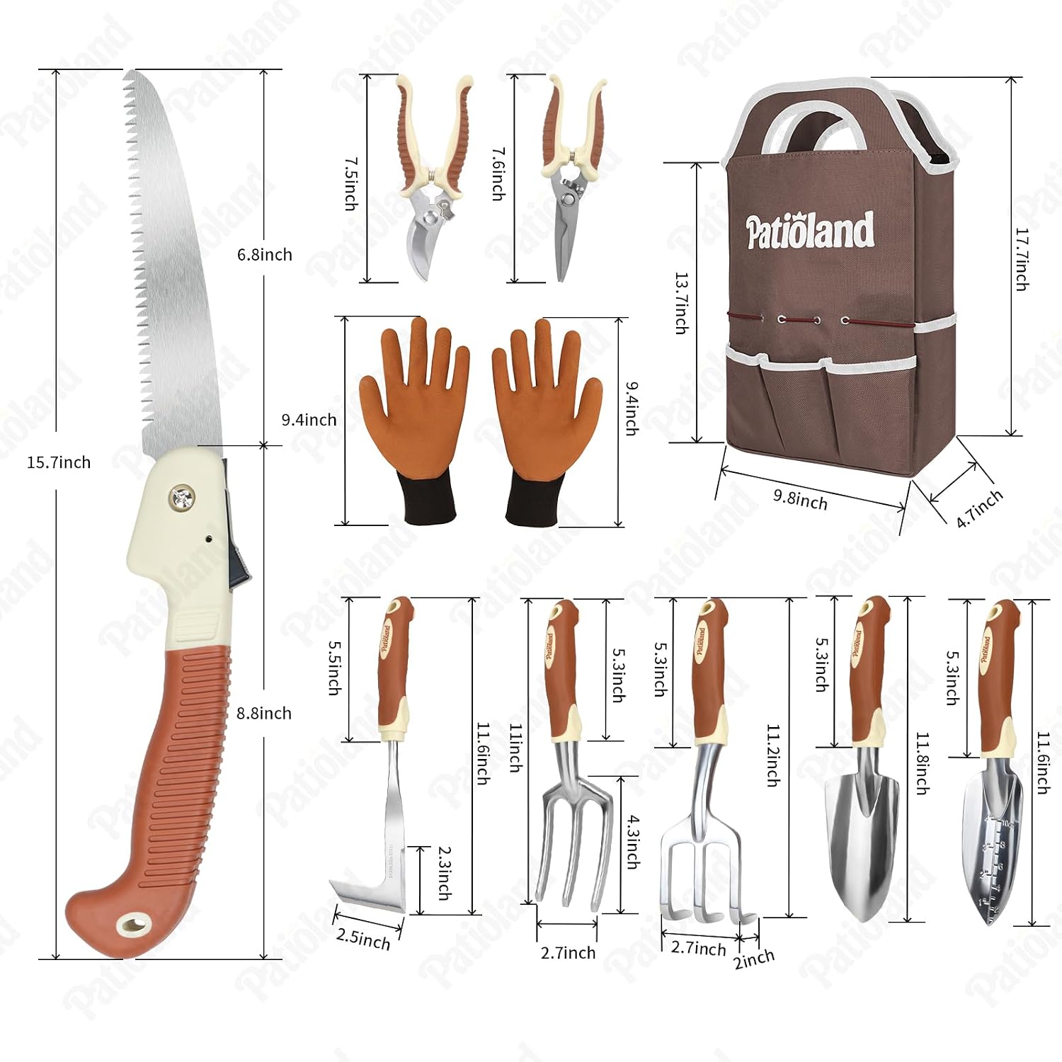 Brown Garden Tools Set 10-Piece, Gardening Gifts for Women Men | Aluminum, Heavy Duty Gardening Hand Tools With