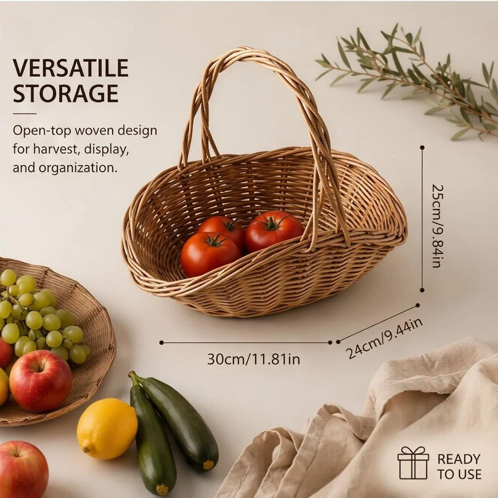 Rattan Basket with Handle, Wicker Garden Harvest Basket for Vegetables and Fruit, Handwoven Picnic Basket for Storage