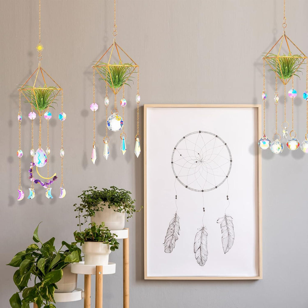 Yookeer 3 Pcs Hanging Air Plant Holder Rustic Style Air Plant Rack Hanger with Crystal Pendant and Chain Golden