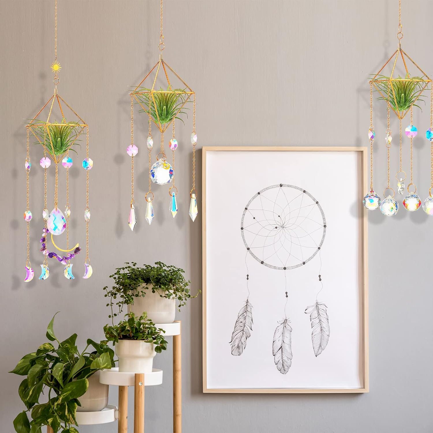 Yookeer 3 Pcs Hanging Air Plant Holder Rustic Style Air Plant Rack Hanger with Crystal Pendant and Chain Golden