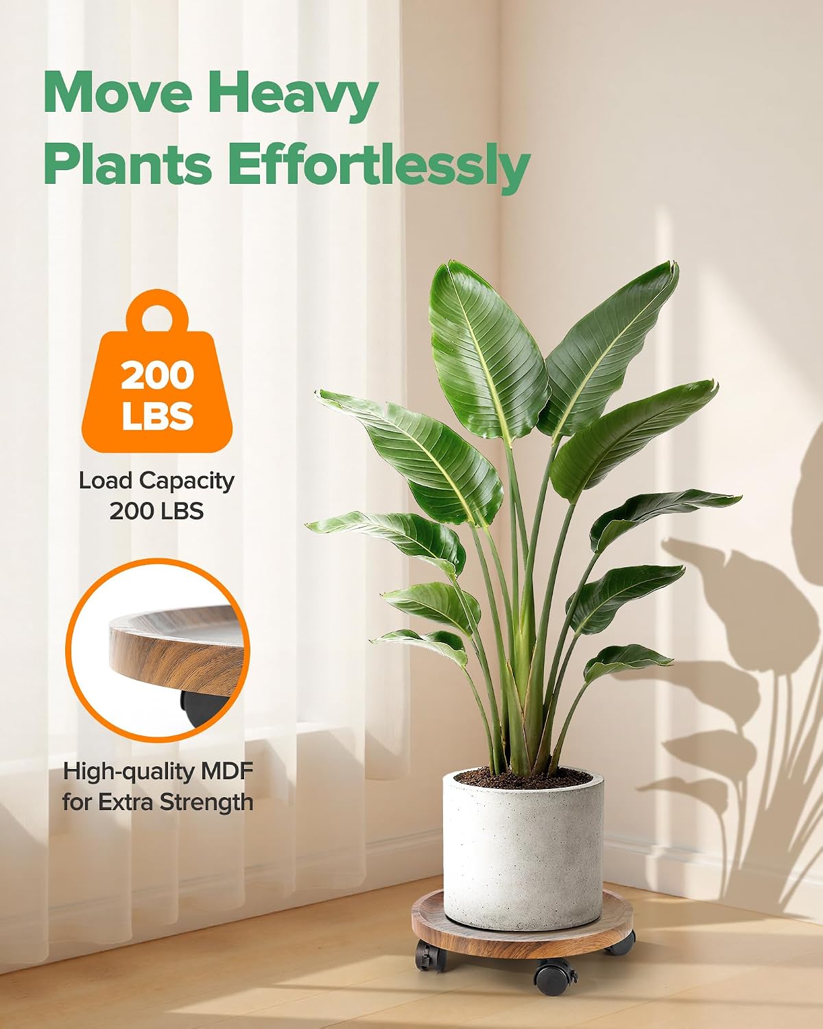 2 Pack Plant Caddy with Wheels, 12" Wood Rolling Plant Stand with 360° Lockable Wheels, Plant Stands Outdoor for Large