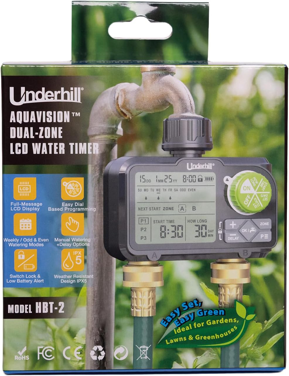 AquaVision Digital Hose Timer, Dual Zone Automatic Garden Water Timer with LCD Display, Programmable Irrigation