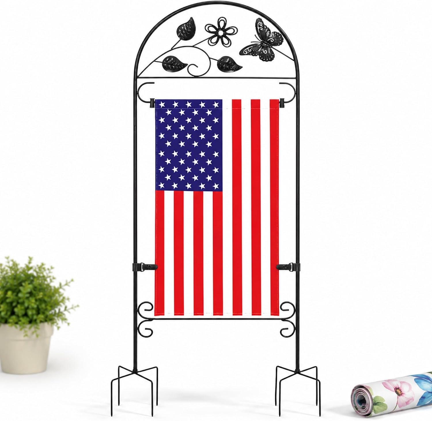 AceList Garden Flag Holder Stand, Wrought Iron 8-Prong, for 12x18 | Windproof butterfly yard pole with velcro clips