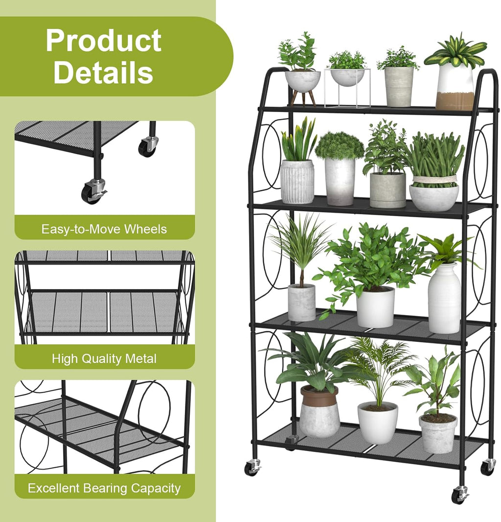 VyGrow 4 Tier Plant Stand with Wheels, Plant Shelf for Indoor Outdoor, Heavy Duty Metal Tall Plant Stands Holder Rack