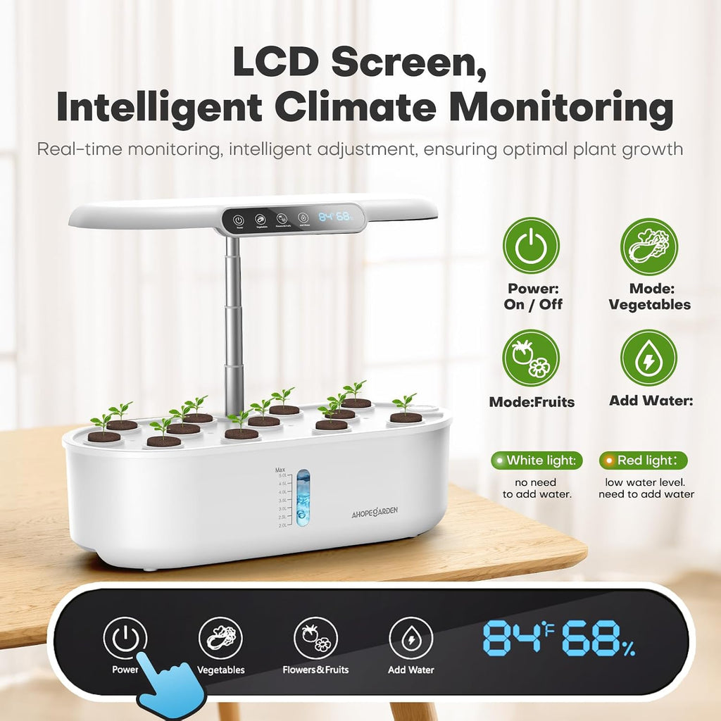 Hydroponics Growing System with 12 Pods, Indoor Garden Kit with LED Grow Light & LCD Temp Humidity Display, Smart Quiet