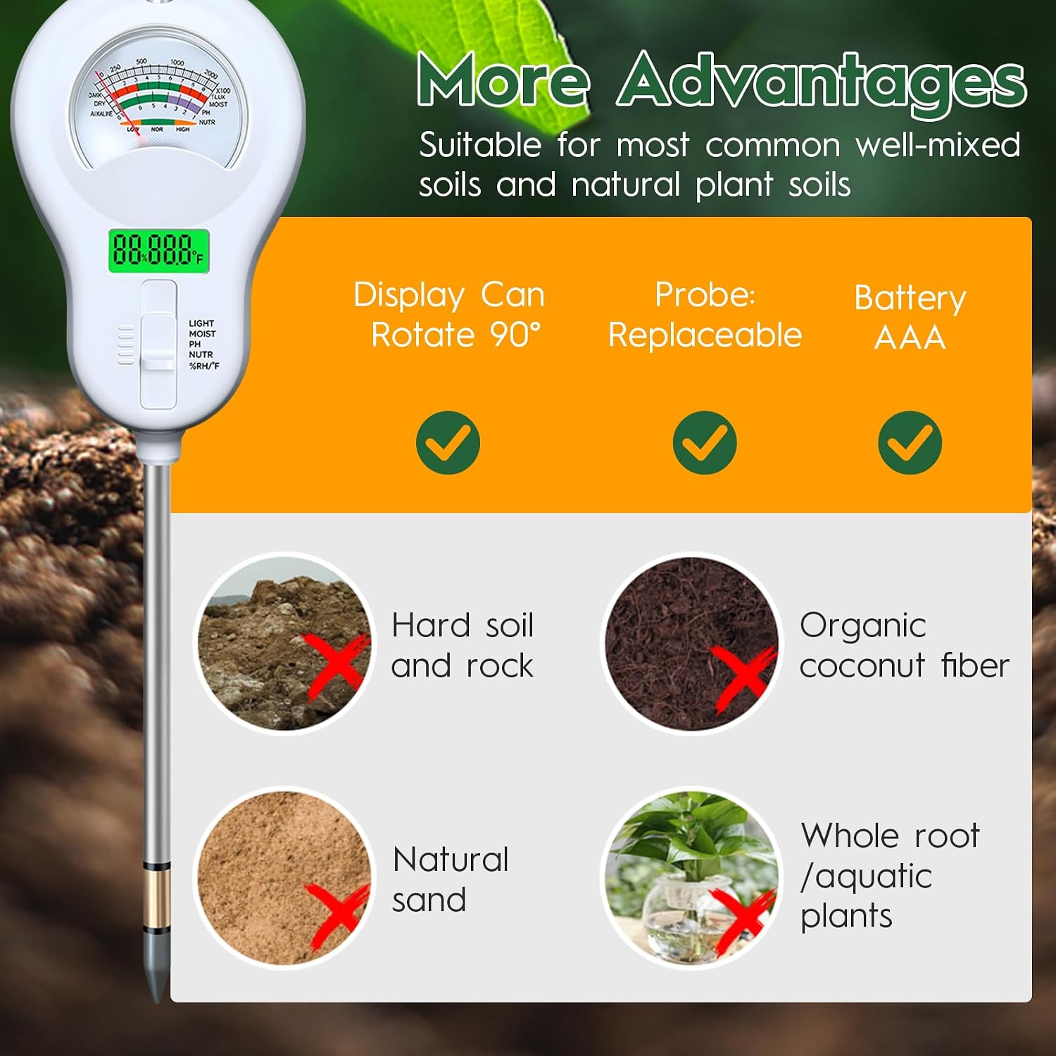6-in-one Soil Test Kit-Soil Moisture Meter/PH Meter/Fertility/Sunlight Intensity Soil Tester, LCD Air