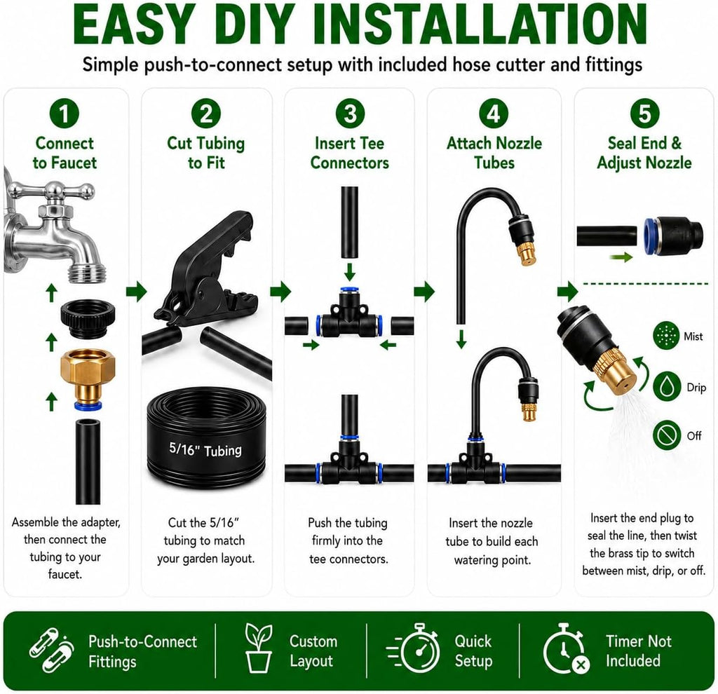 50FT 5/16" Garden Watering Kit with 16 Brass Nozzles | 16 brass nozzles, 5/16" tubing, brass faucet adapter