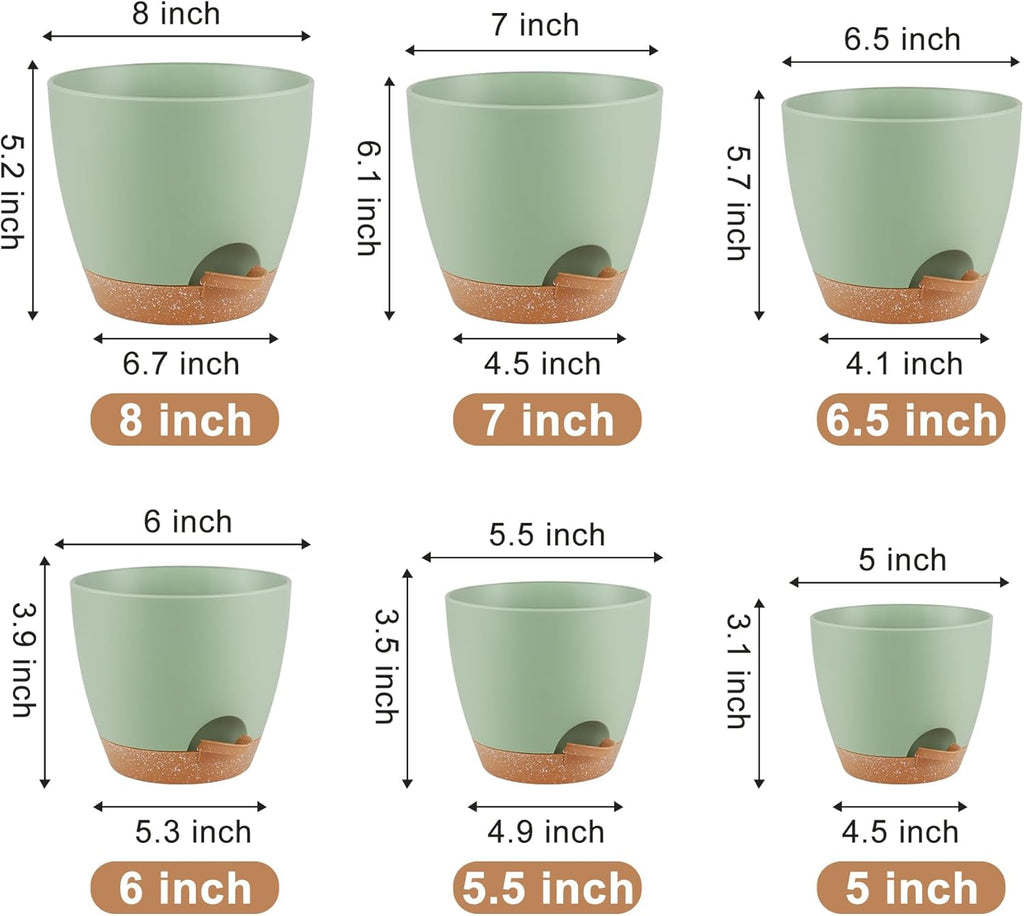 QRRICA Plant Pots 8/7/6.5/6/5.5/5 Inch Self Watering Pots, Set of 6 Plastic Planters with Drainage Holes and