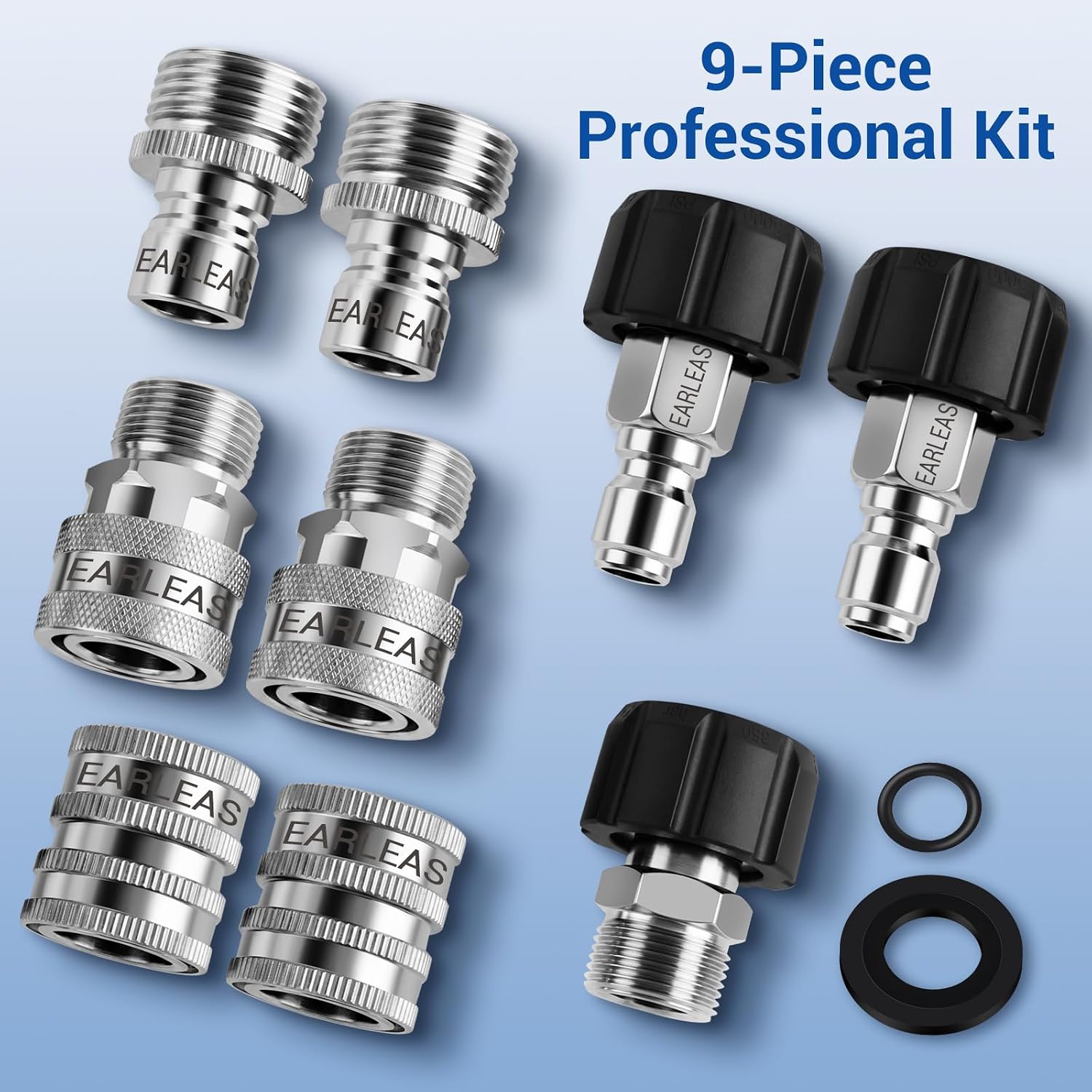 Pressure Washer Quick Connect Kit, 9-Piece Stainless Steel Adapter Set, M22-14mm to 3/8" Quick Disconnect with M22-15mm