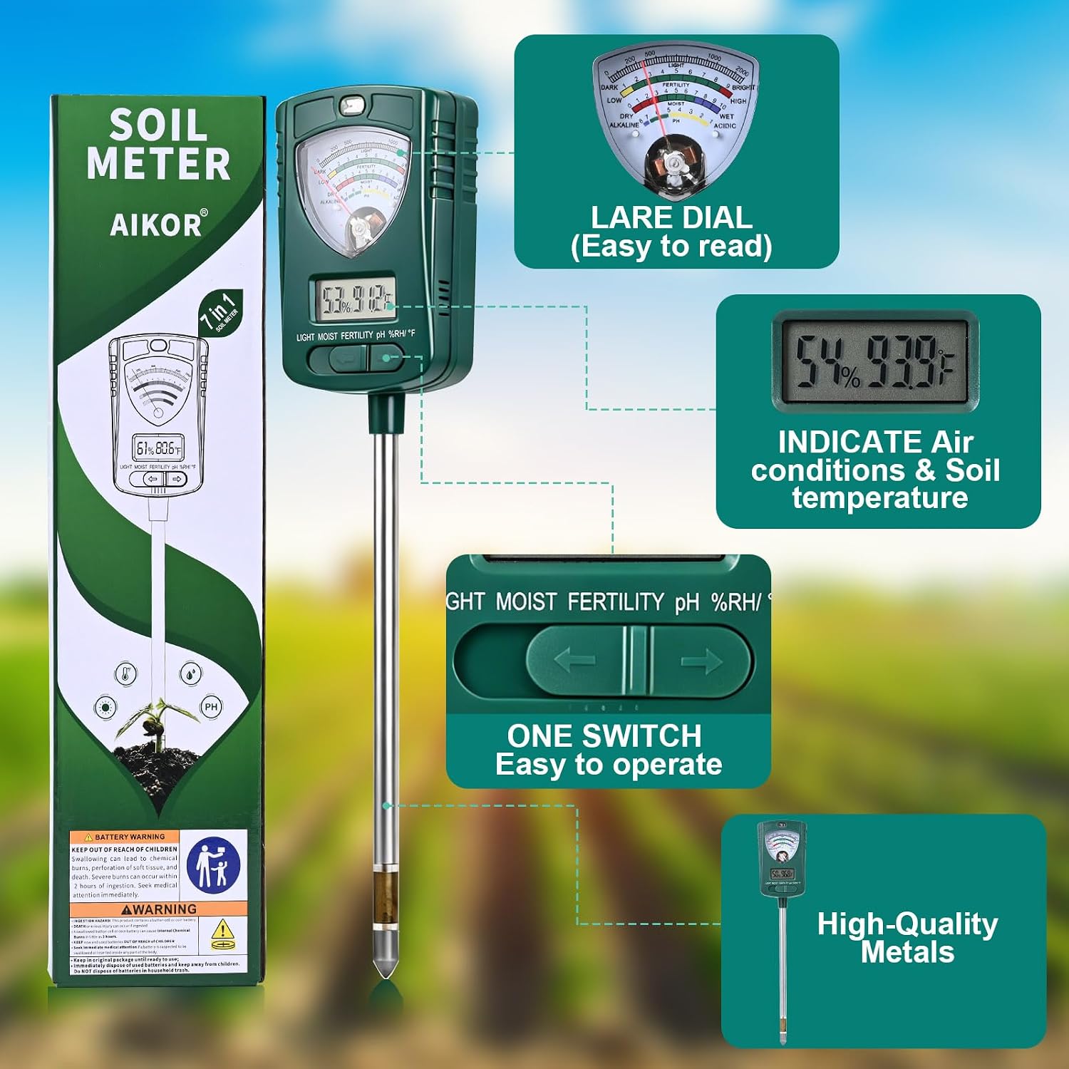 7-in-1 Soil Tester for Soil Moisture pH Fertility Light Intensity, Soil Temp, Air Temp & Humidity, with Pointer and LCD