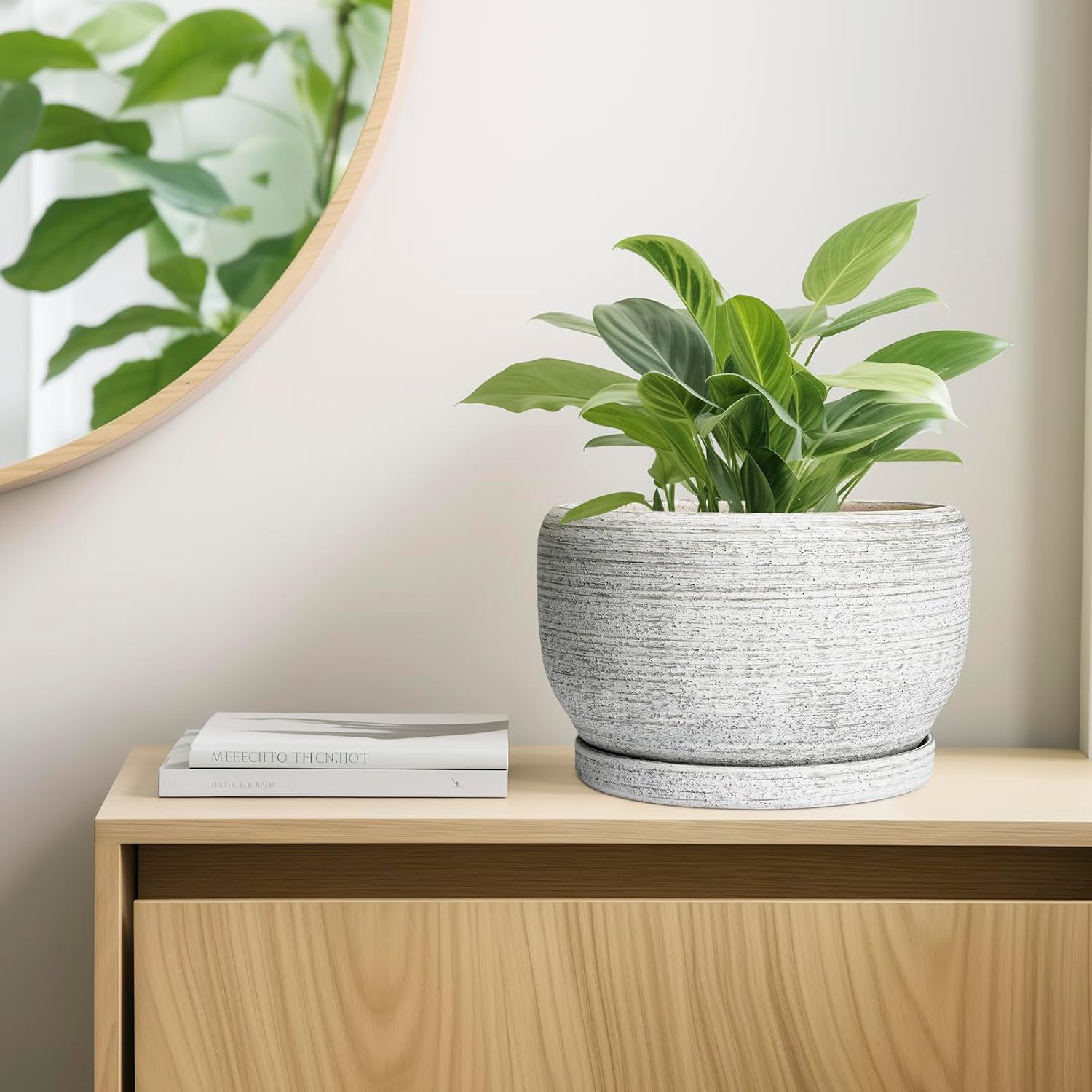 SQOWL Ceramic Flower Pots - 10 Inch Plant Pot Indoor with Drainage Hole and Saucer, Modern Ceramic Planter Outdoor