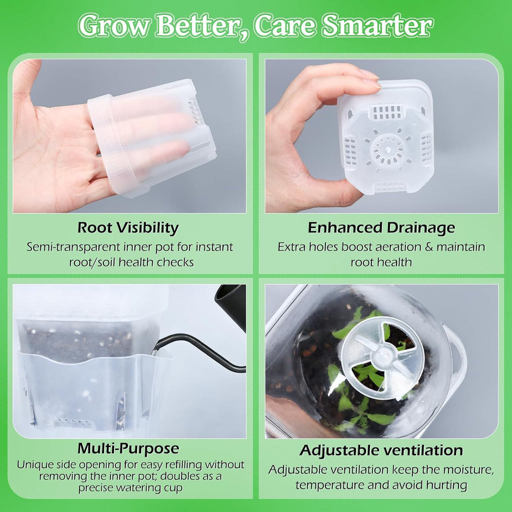 12 Pack 2.5" Self Watering Propagation Pots with Humidity Dome, Clear Plastic Seed Starter Cups, for Seedlings