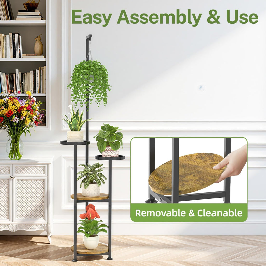 iDavosic.ly Hanging Plant Stand Indoor, 4 Tier 62 Inch Tall, Black & Brown | Vertical Corner Metal Flower Shelf with