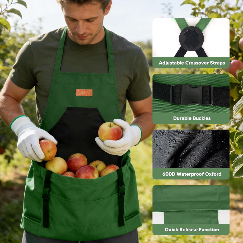 3PCS Gardening Apron, Harvest Apron with Shears and Gloves for Women, Men | Cross-Back, Large Quick Release Pocket