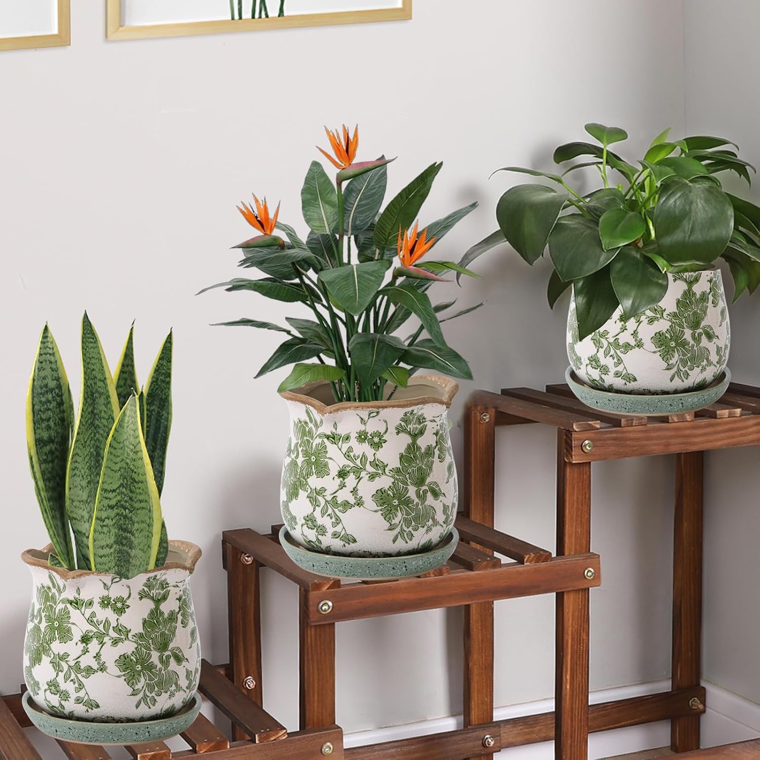 Ceramic-Planters-for-Indoor-Plants with Saucer, 6 inch Vintage Ice Crack Glaze Plant Pots with Drainage Holes