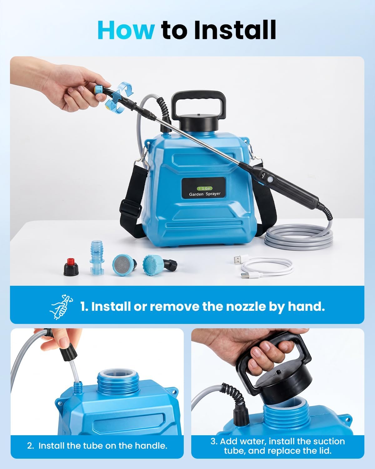 1.3 Gallon Battery Powered Garden Sprayer, Electric Plant Sprayer | 5 Spray Modes, Adjustable Extension Wand, USB-C