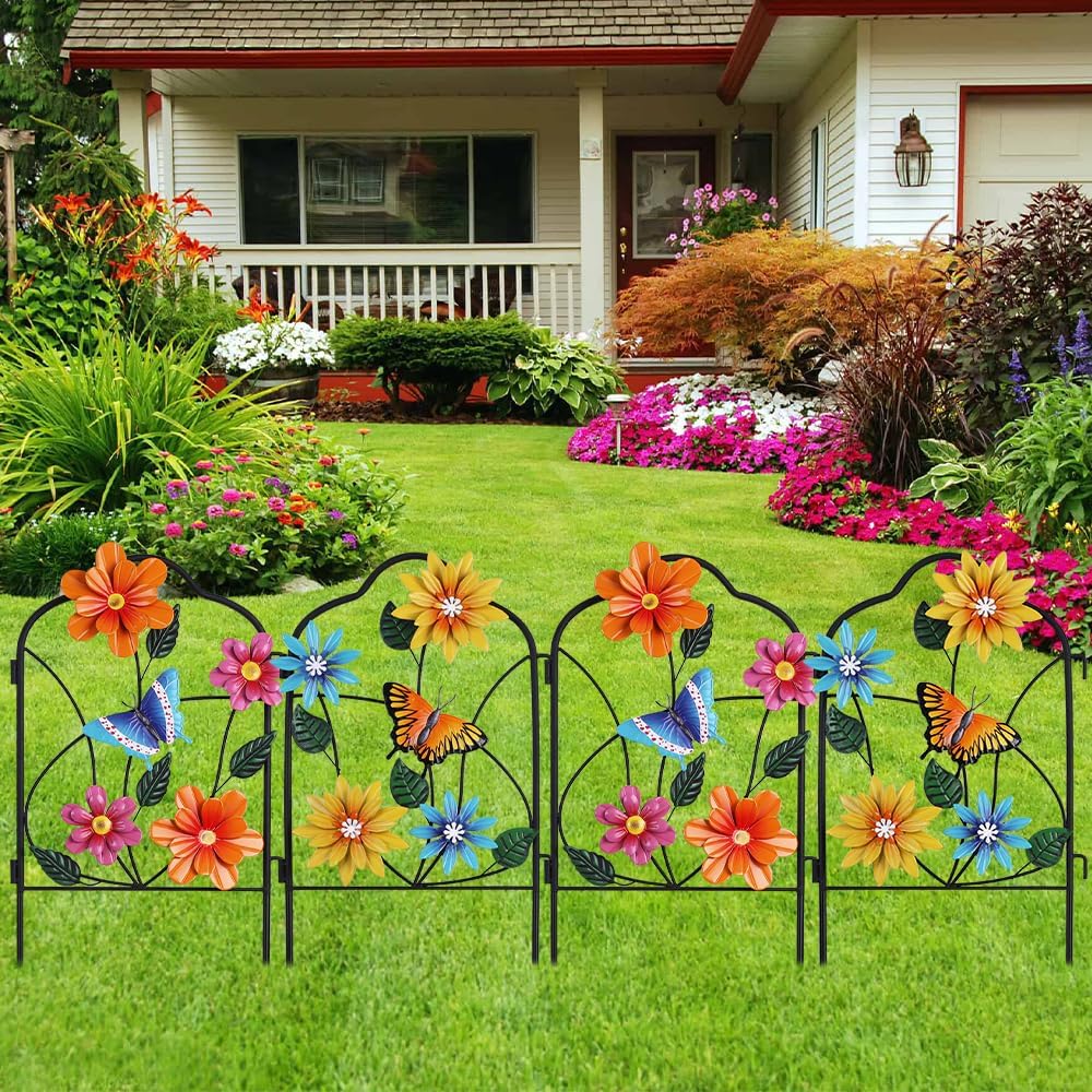 hogardeck Garden Decor for Outside, Set of 2 Metal Fence Decorative Garden Stakes with Flowers for Spring Decor, Yard