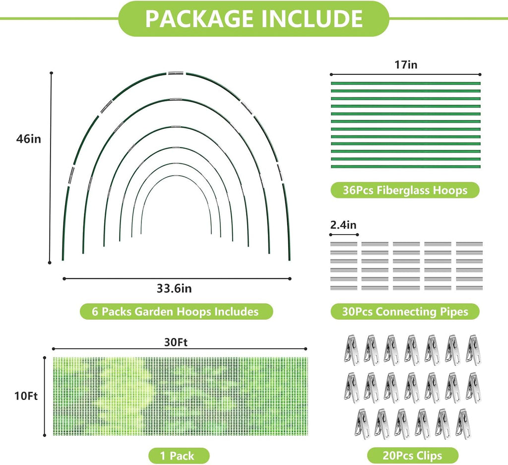 Garden Netting Kit for Raised Beds, 10x30FT Green Ultra Fine Mesh Netting ＆6 Sets of 8FT Garden Hoops, Insect Netting
