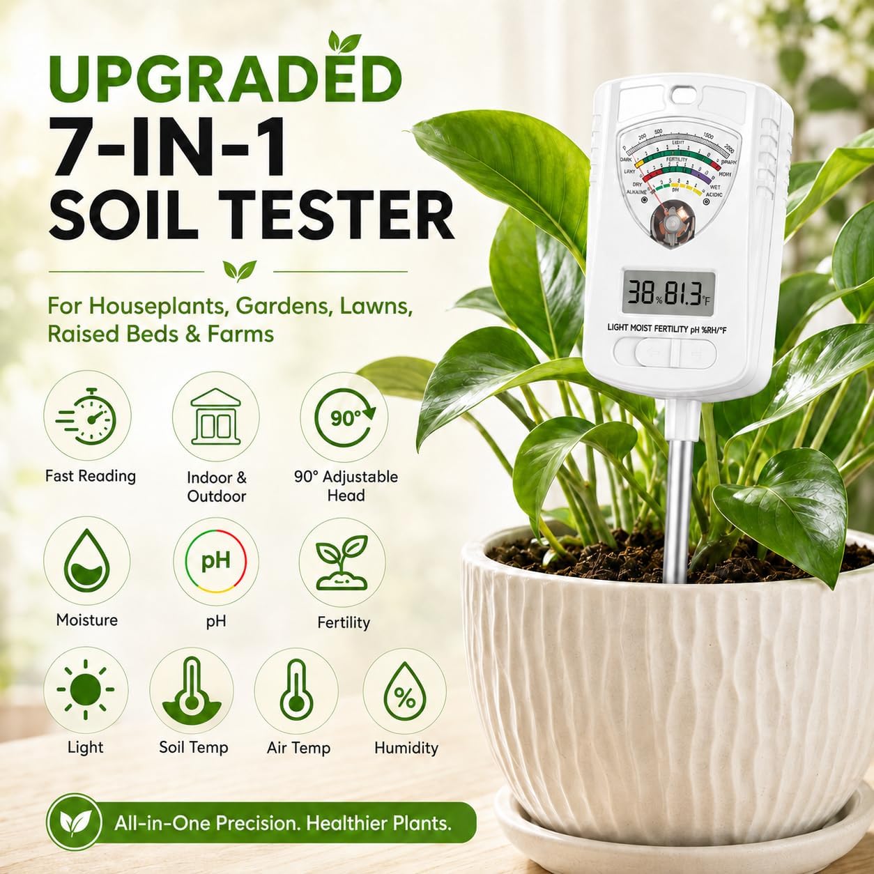 2026 Soil Tester, 7-in-1 Soil Test Kit for Moisture, pH, Fertility, Temperature, Humidity and Light, Digital Soil Meter