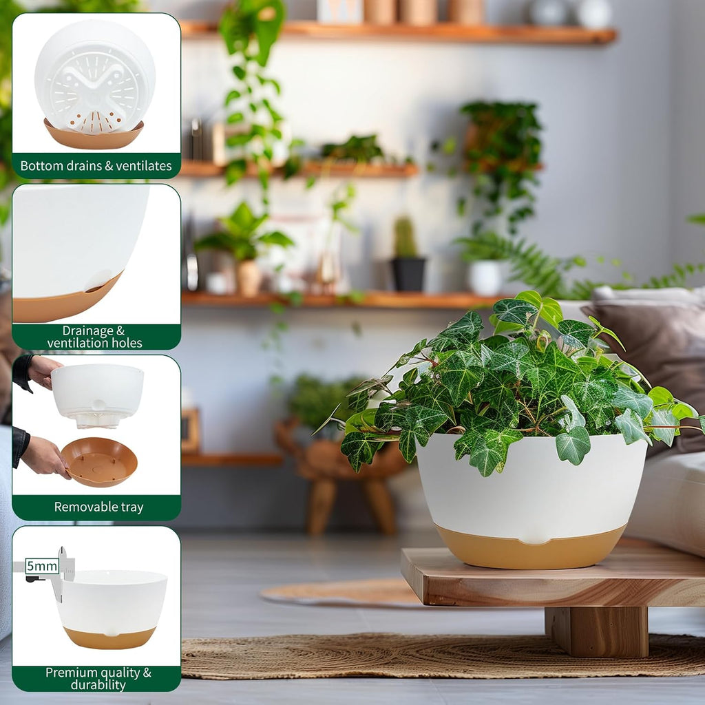 Koalaime 8/10/12 Inch Pots for Indoor Plants, Large Self Watering Planters with Drainage and Saucers, Plastic Outdoor