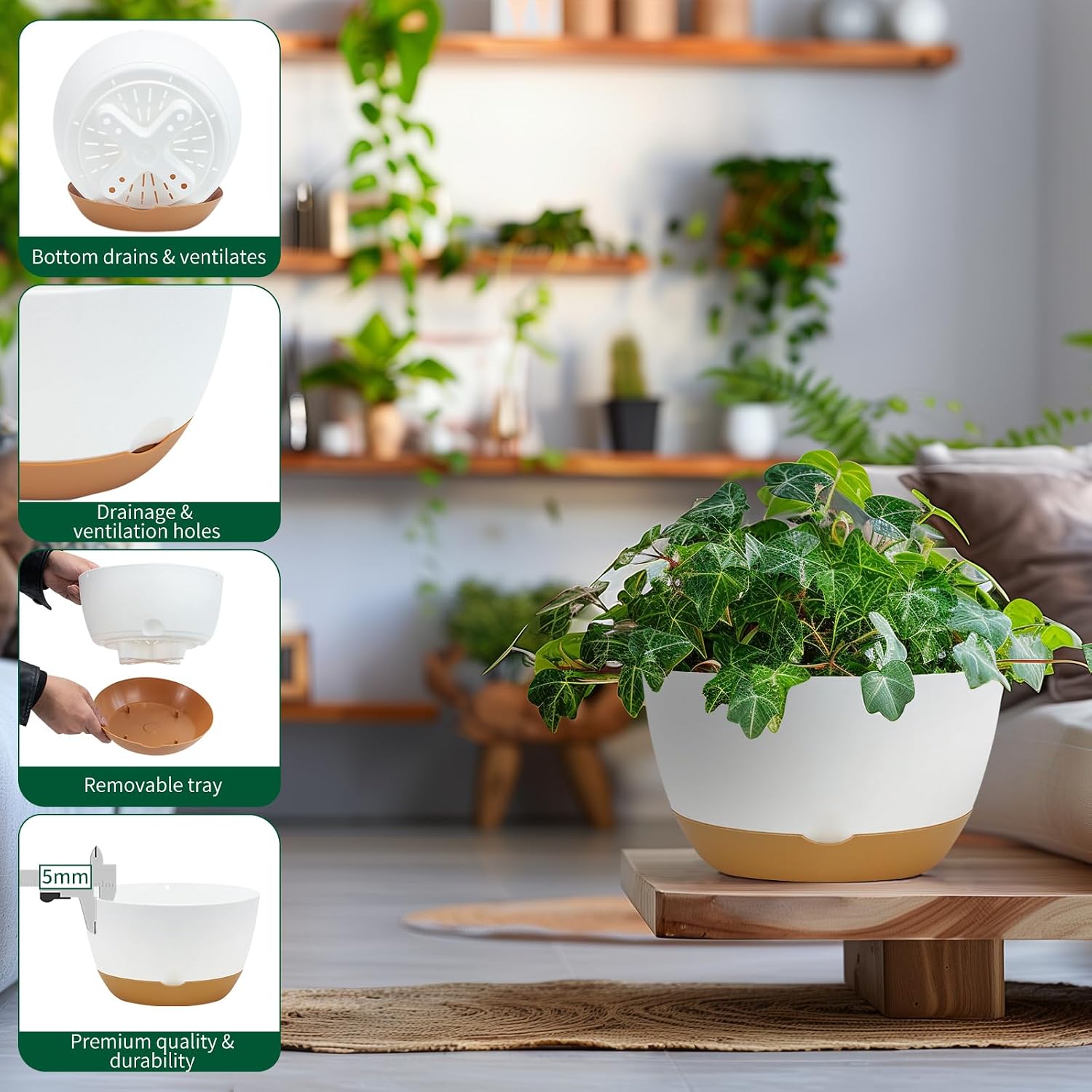 Koalaime 8/10/12 Inch Pots for Indoor Plants, Large Self Watering Planters with Drainage and Saucers, Plastic Outdoor