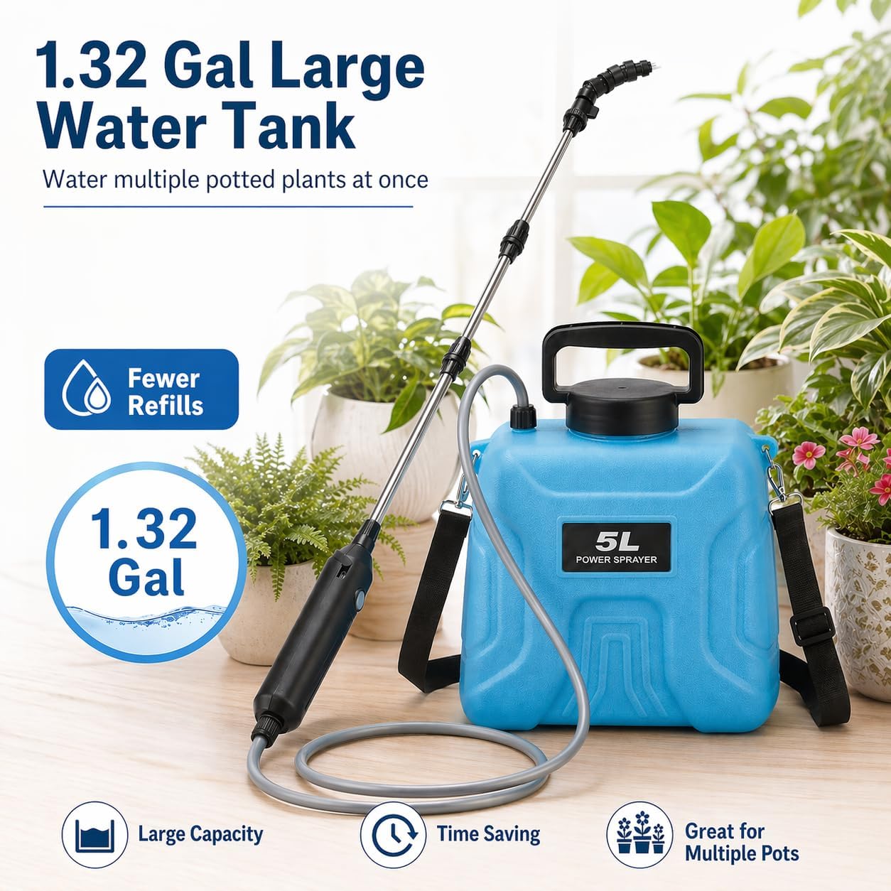 5L Plant Watering Can - Rechargeable Cordless Sprayer with Wand | Includes an Extendable 25.6–33.4 in Wand, 2 M Hose