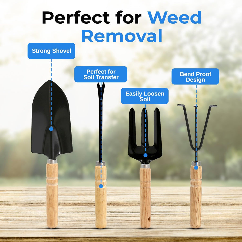 Scuddles 8-Piece Garden Tool Set with Bag, Stainless Steel Tools, Wooden Handles and Soft Poly-Cotton Gloves for