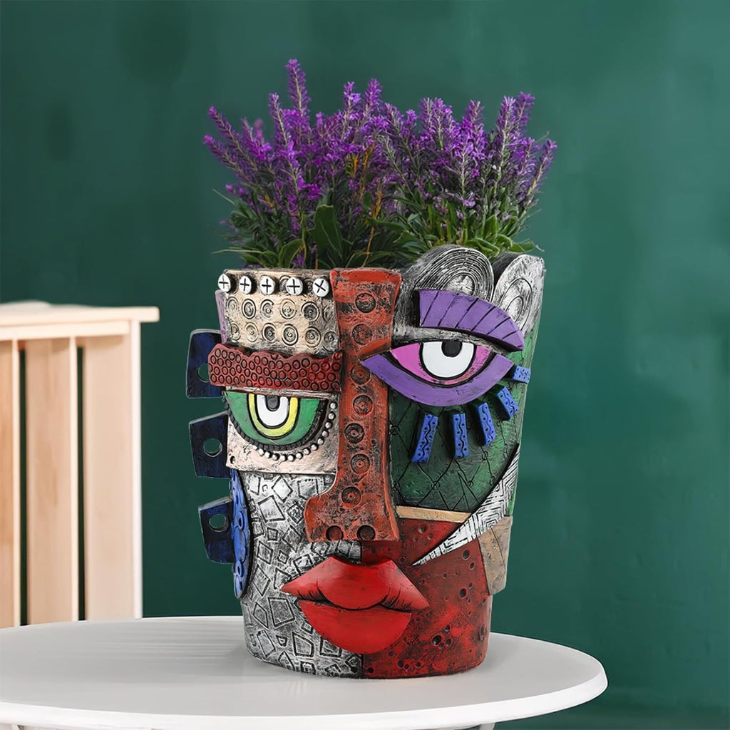 Picasso-Inspired Abstract Face Flower Pot | Unique Head Planter with Drainage Hole | Vibrant Colors & Quirky Art Decor