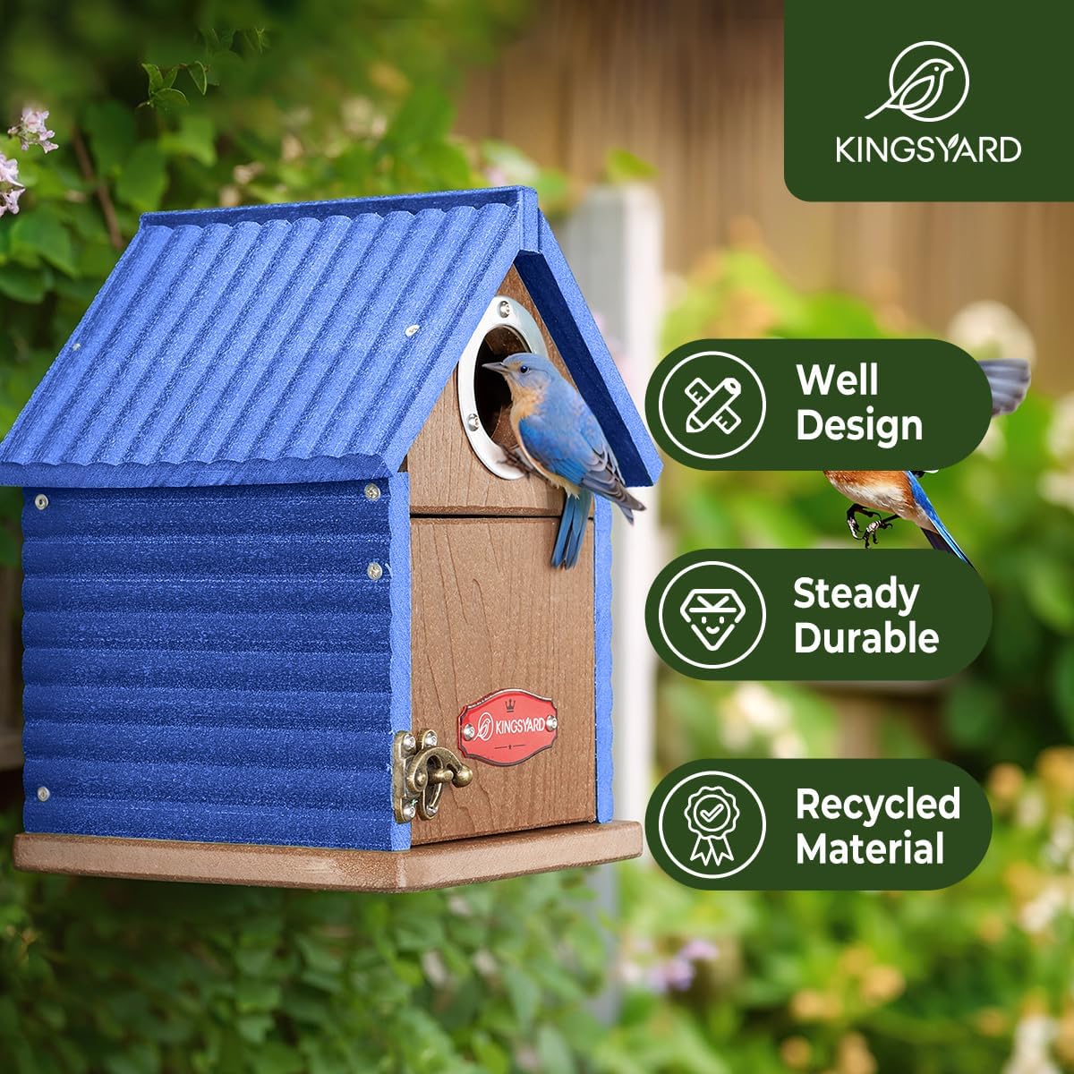 Kingsyard Recycled Plastic Bird House for Outdoors - Weatherproof Nesting Box with Clear View Panel & Predator Guard