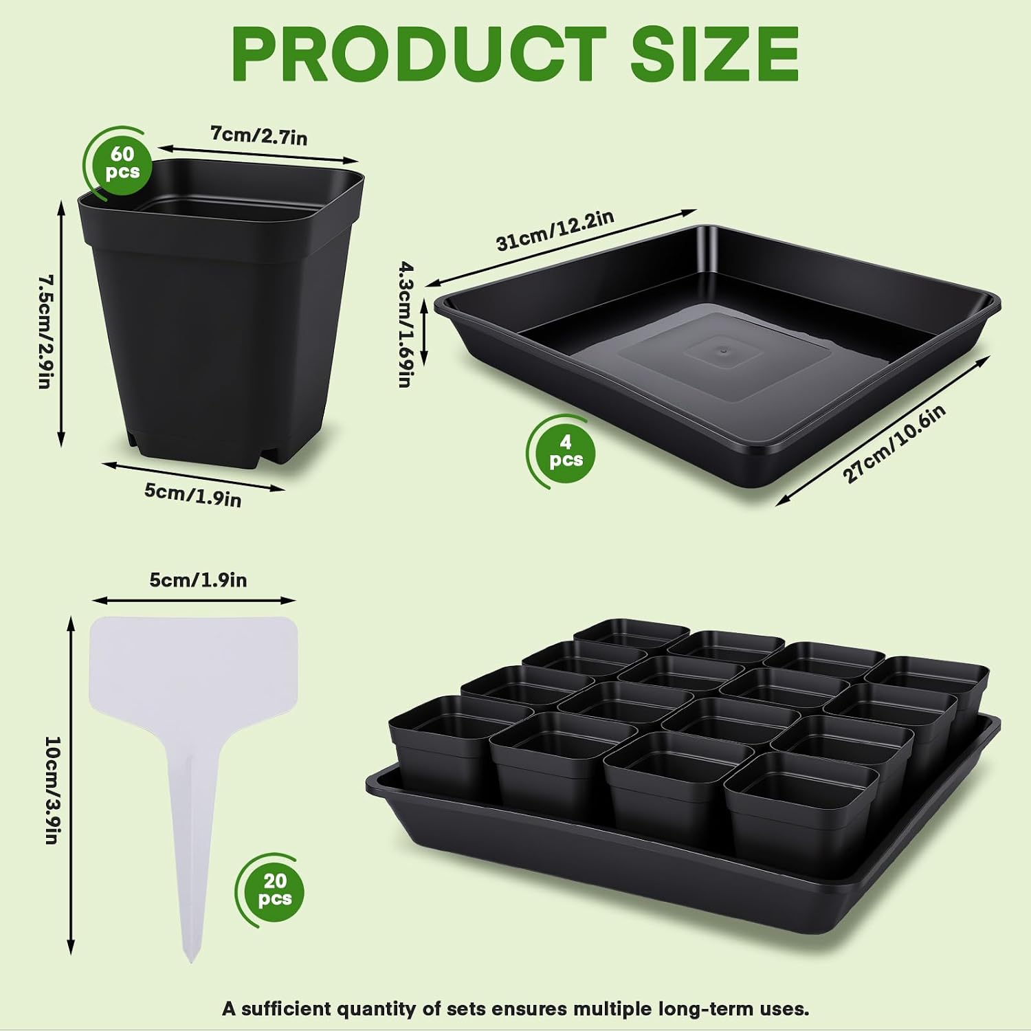 GREANER 4PCS Seed Starting Trays 12 Inch, 60PCS 2.7 Inch Sturdy Seedling Pots with Drain Holes and 20PCS Plant Labels