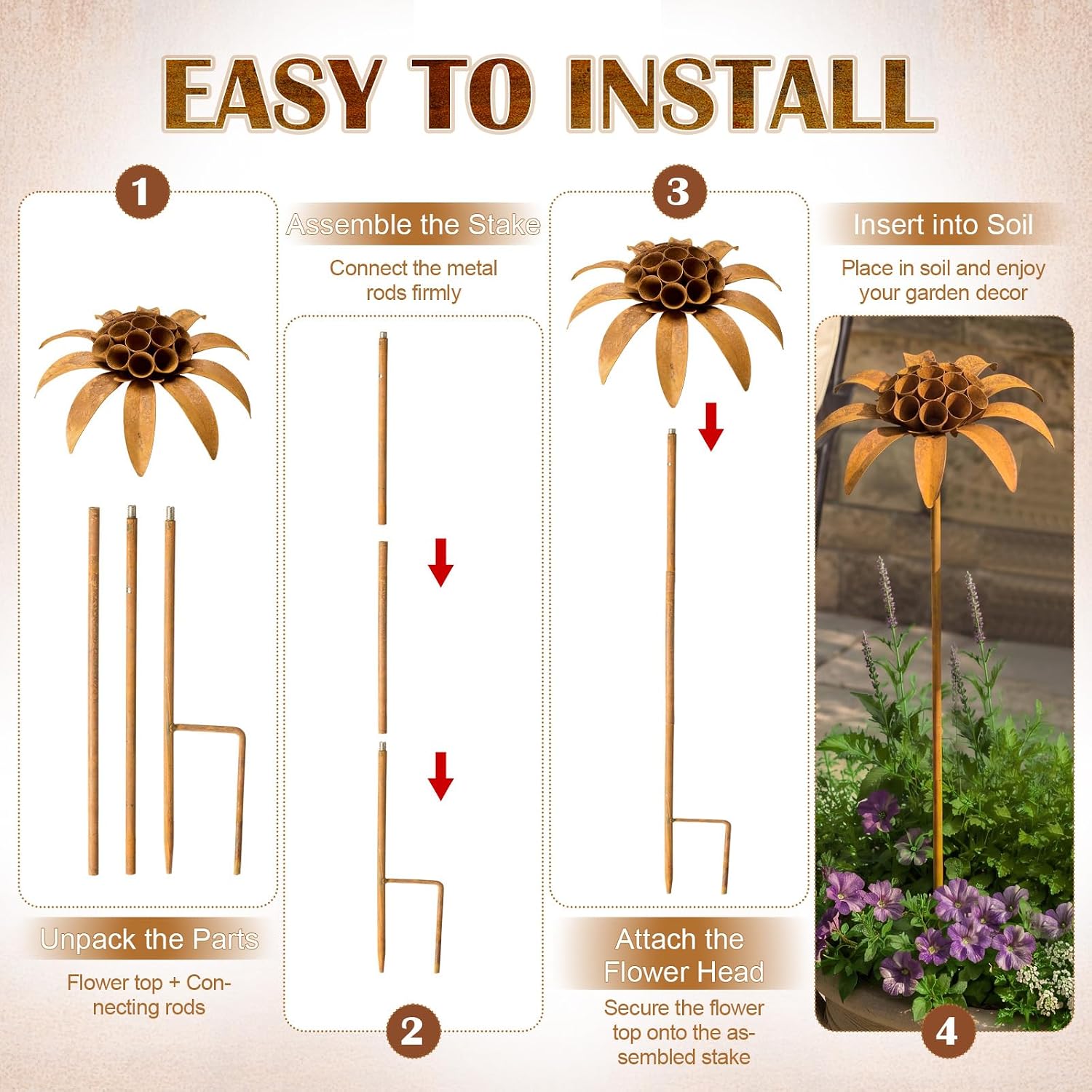 Hicarer 2 Pcs Rusty Metal Flowers for Outside, Rustic Metal Decorative Garden Stakes, Flower Bed Decorations Plant for