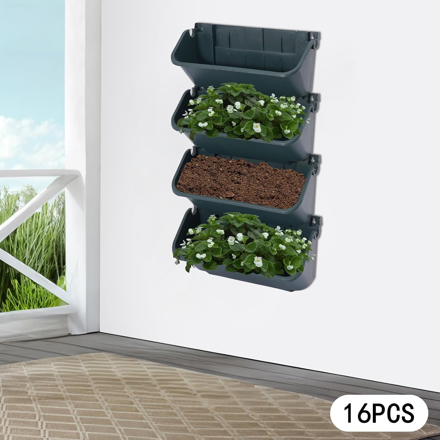 Vertical Wall Planter with 16 Pots, Hanging Garden Plant Flowerpot Holder, Stackable Wall-Mounted Planter, Balcony