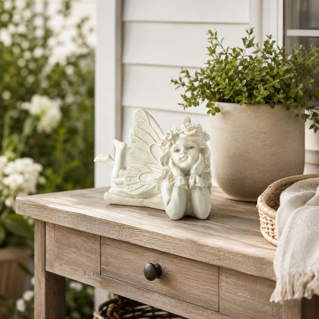 Laying Angel Garden Statue, Resin Fairy Figurine Outdoor Yard Decor | Whimsical Accent For Flower Beds, Patios, Shelves