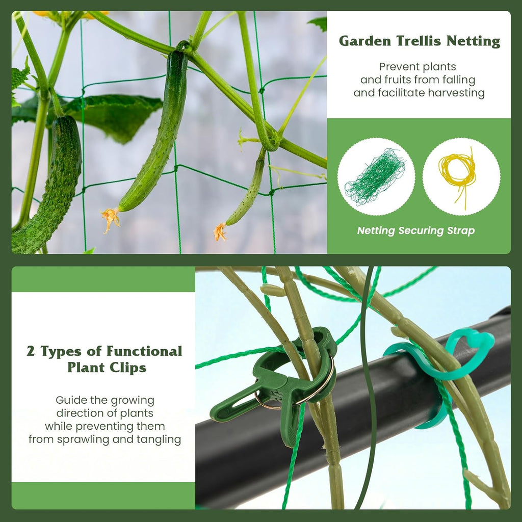 Giantex Cucumber Trellis, Trellis for Climbing Plants Outdoor, Garden Trellis w/Netting, PE-Coated Metal, Clips, Plant