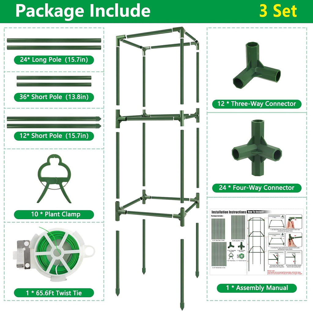 3 Pack 49" Square Tomato Cages, Heavy Duty Steel Garden Trellis Kit | Garden Plant Support Tower Stakes, Cucumber