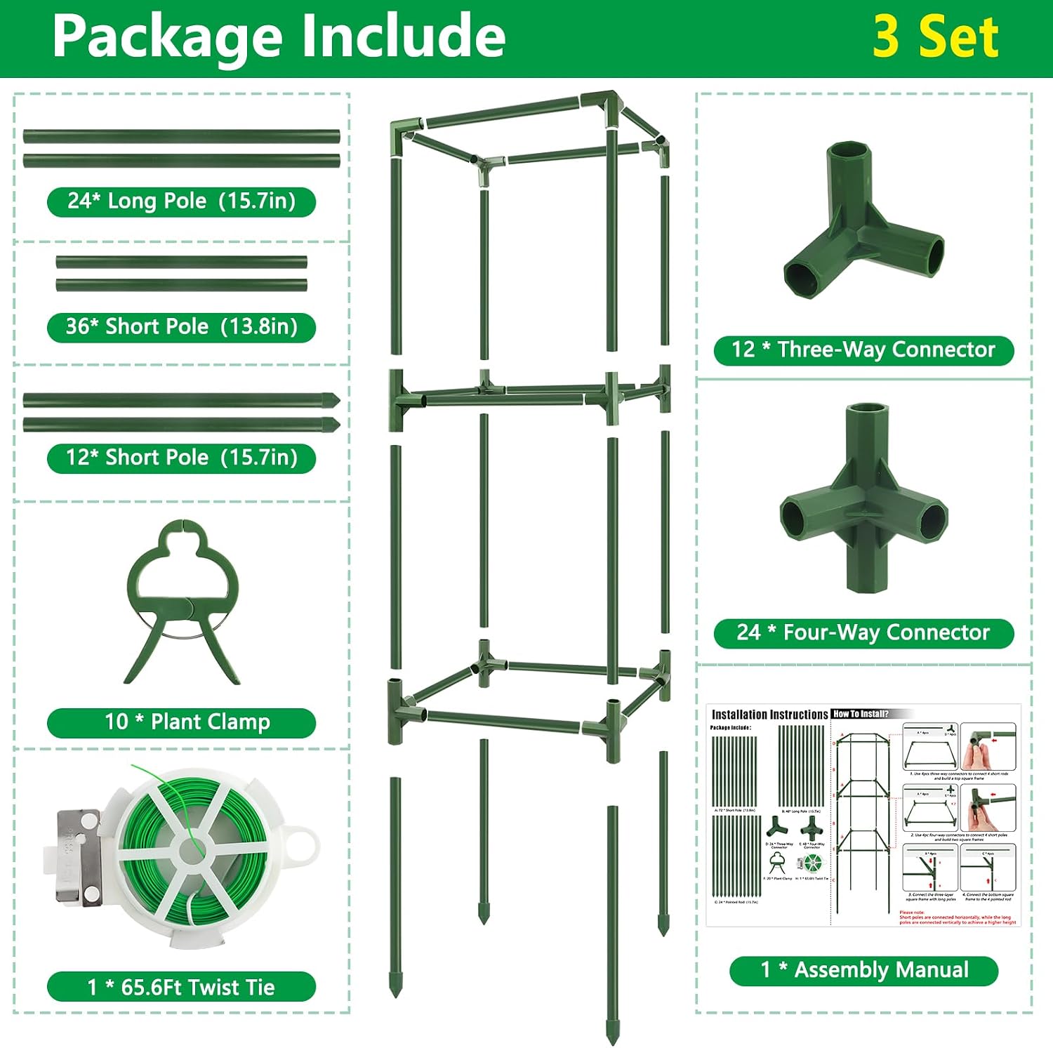 3 Pack 49" Square Tomato Cages, Heavy Duty Steel Garden Trellis Kit | Garden Plant Support Tower Stakes, Cucumber