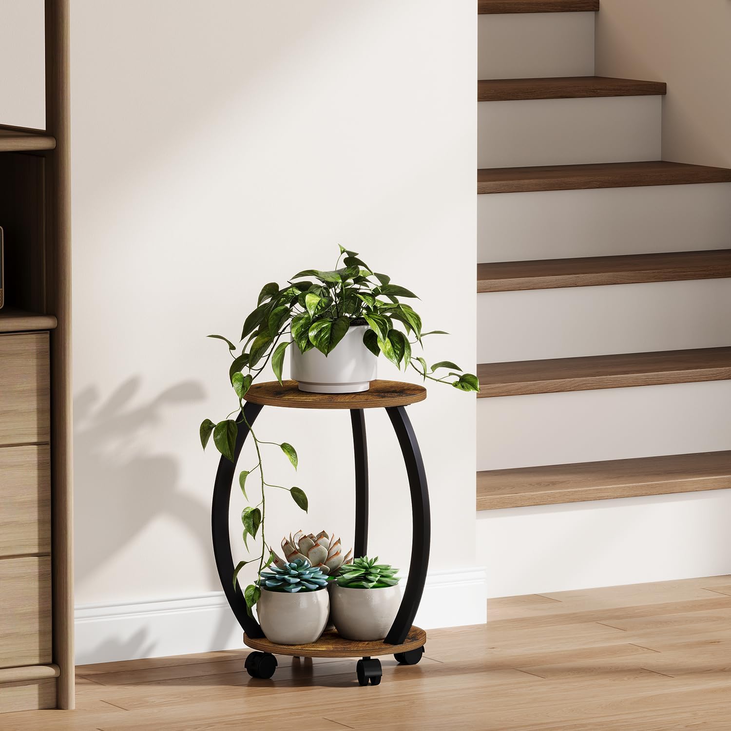 YINMIT Plant Stand Indoor with Wheels, 2 Tier 18.5 In Tall Plant Stand | Wood Flower Pot Plant Shelf, Round Corner