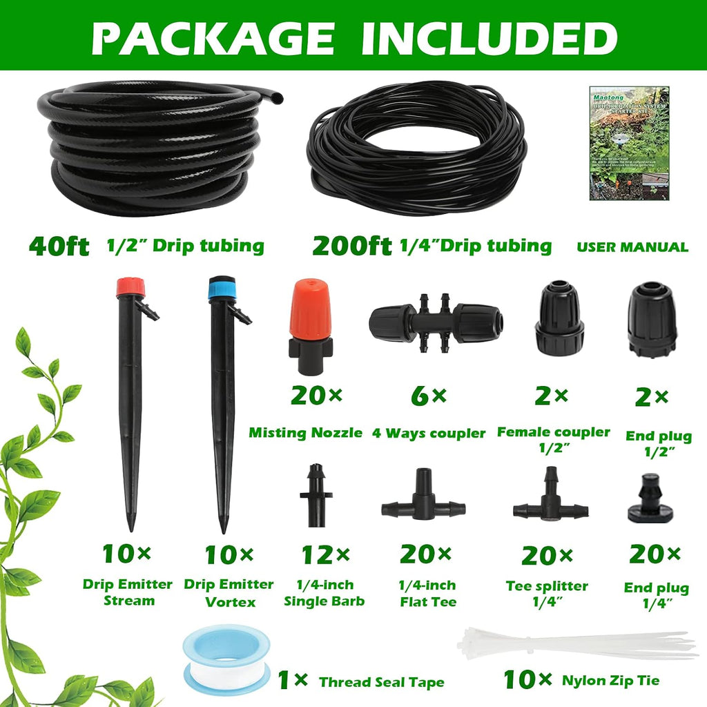 Maotong 240FT Drip Irrigation System Kit, Automatic Garden Watering Misting System for Greenhouse, Yard, Lawn, Plant